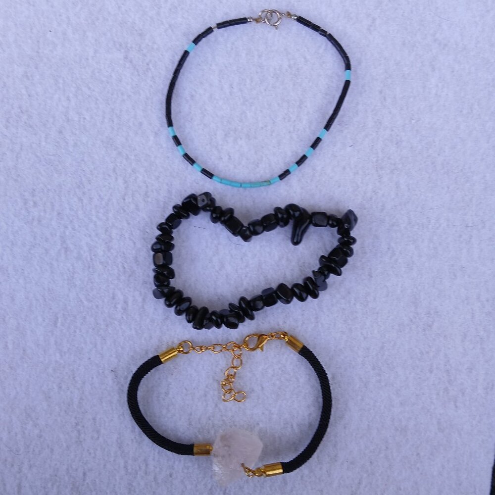 3 Bracelet Bundle - Onyx Nuggets, Onyx & Turquoise Tube Beads & Raw Rose Quartz